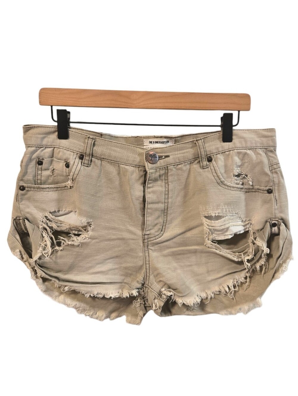 One Teaspoon Bandits Low Waist Button Fly Khaki Green Distressed Denim Shorts 30